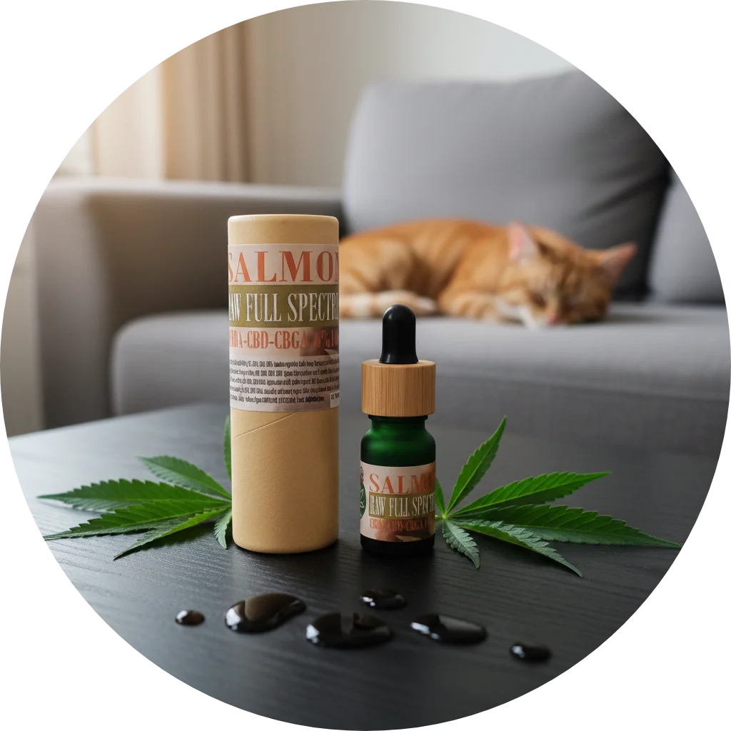 CBDITALY CBD-CBDA RAW pilna spektra laša eļļa 6% Pets Line pipetflakons ar kraft iepakojumu uz galda, fonā atpūšas kaķis
