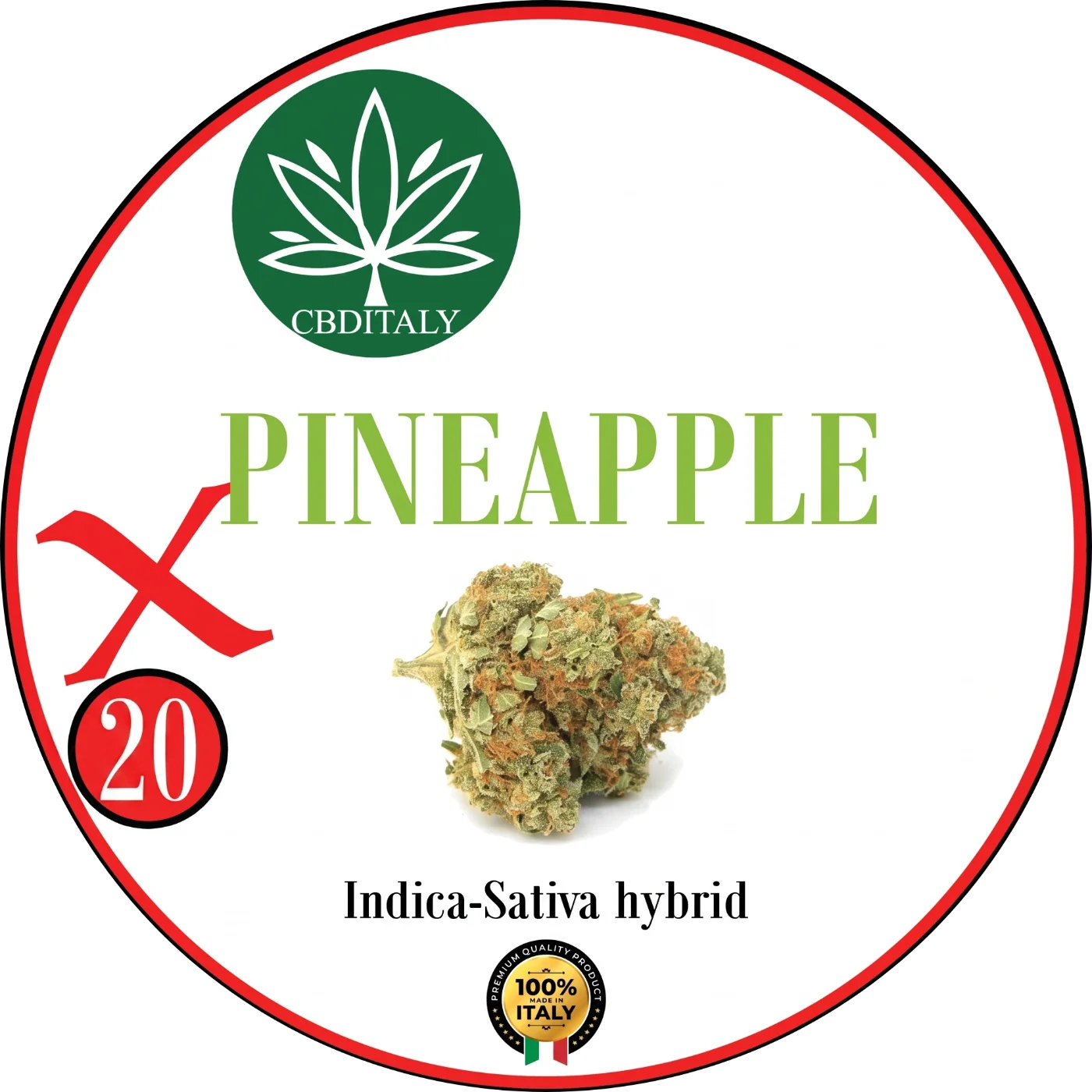 CBDITALY Pineapple X THCV 20% Indica-Sativa hibrīda kaņepju zieds ar zaļu logotipu, ražots Itālijā