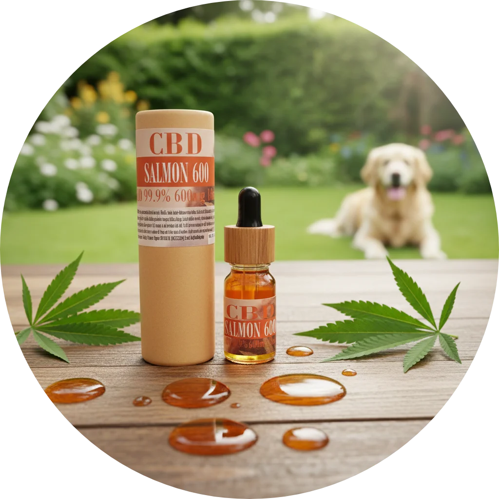 CBDITALY CBD laša eļļa 6% mājdzīvniekiem pipetflakons ar kraft iepakojumu dārza galdiņā, zeltainais retrīvers fonā