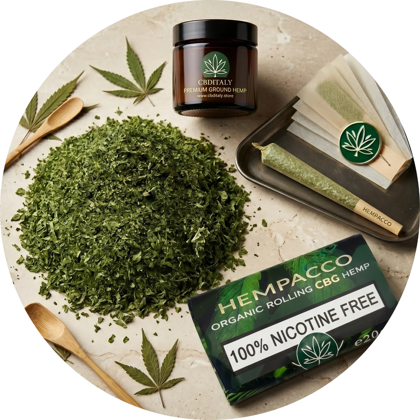 CBDITALY Hempacco CBG 7% 20g brīvs kaņepju maisījums ar smēķēšanas papīriem un dzintara krāsas burciņu, 100% bez nikotīna