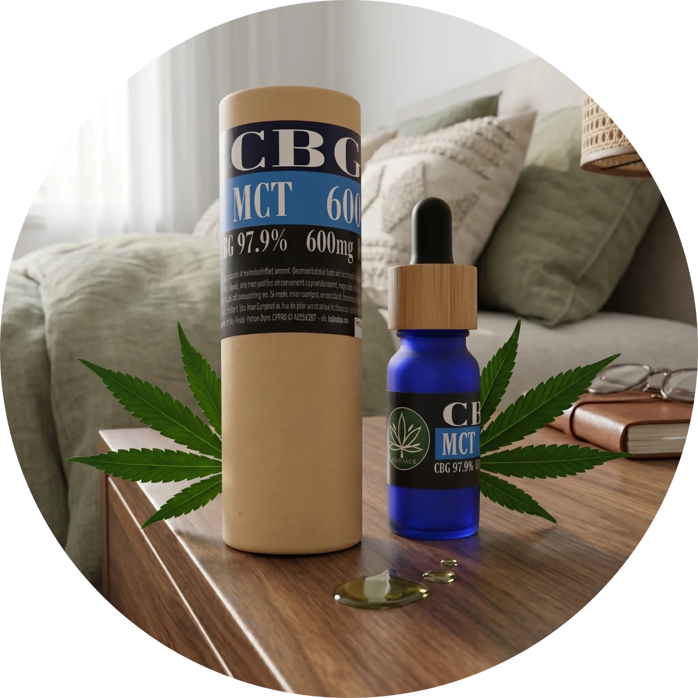 CBDITALY CBG MCT eļļa 6% 600mg bez THC Sportline zilais stikla flakons ar kraft iepakojumu naktsskapītī