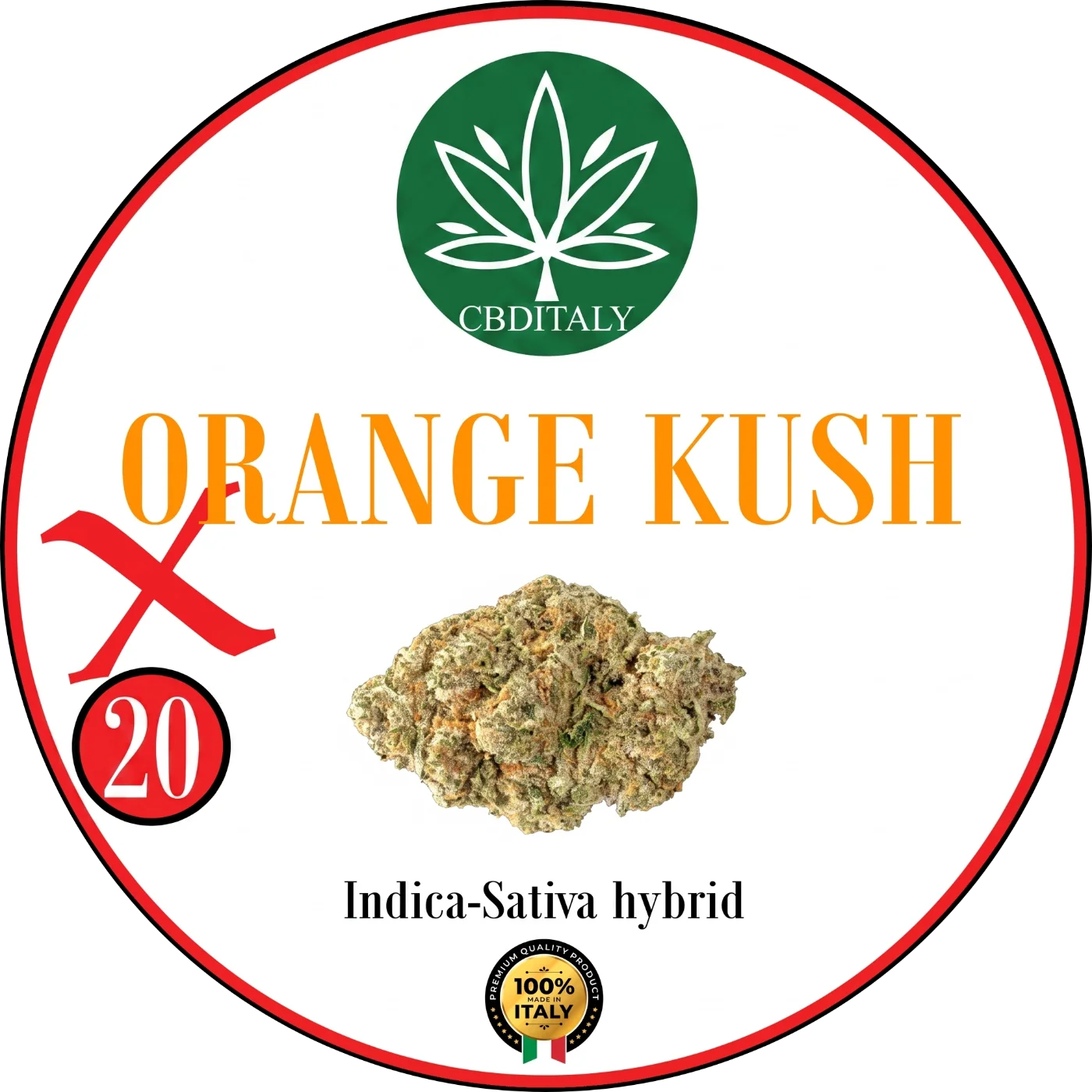 CBDITALY Orange Kush X THCV 20% Indica-Sativa hibrīda kaņepju zieds ar oranžu logotipu, ražots Itālijā