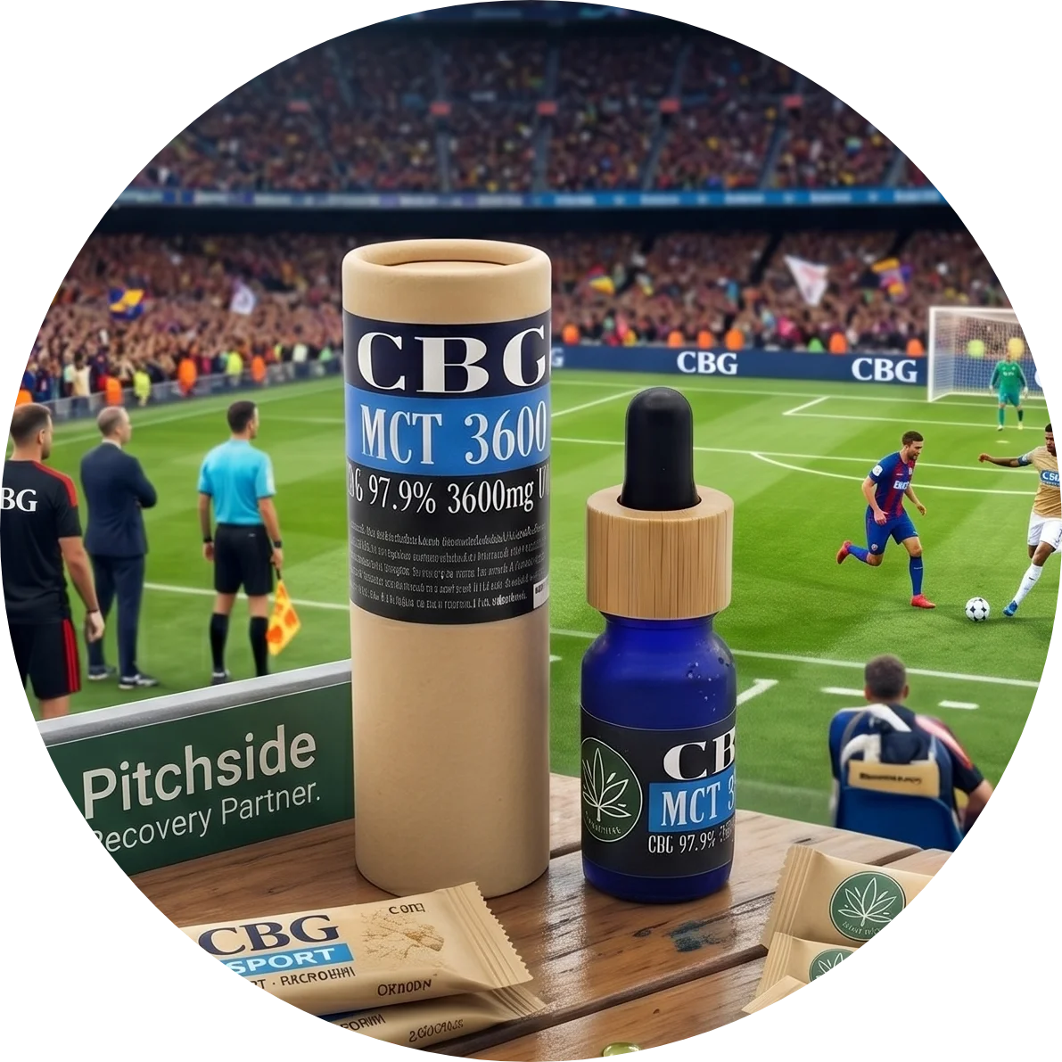 CBDITALY CBG MCT eļļa 36% 3600mg bez THC Sportline zilais stikla flakons ar kraft iepakojumu futbola laukuma malā