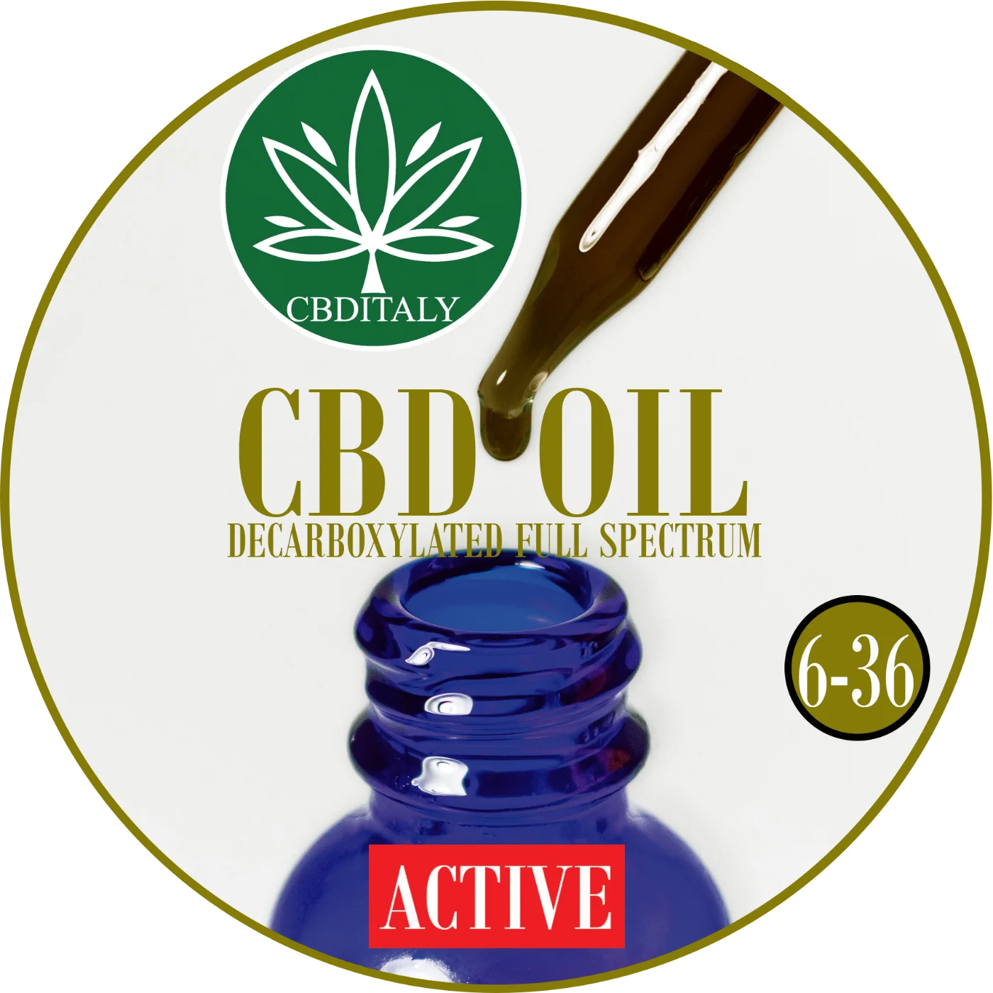 CBDITALY CBD Oil Active dekarboksilēta pilna spektra zilais stikla flakons ar pipeti, koncentrācija 6-36
