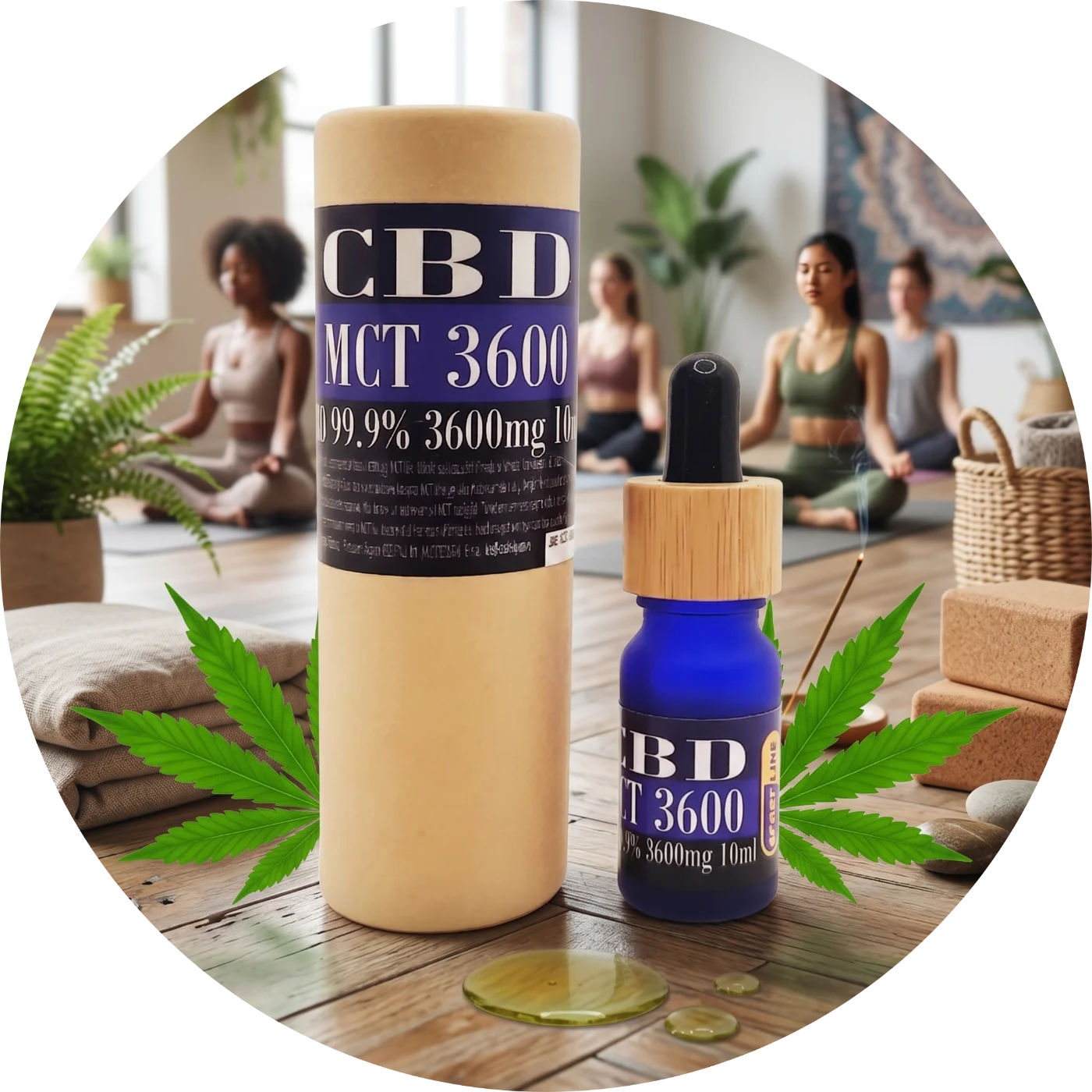 CBDITALY CBD MCT Oil 36% 3600mg THC-free Sportline blue glass dropper bottle with kraft tube in yoga studio setting