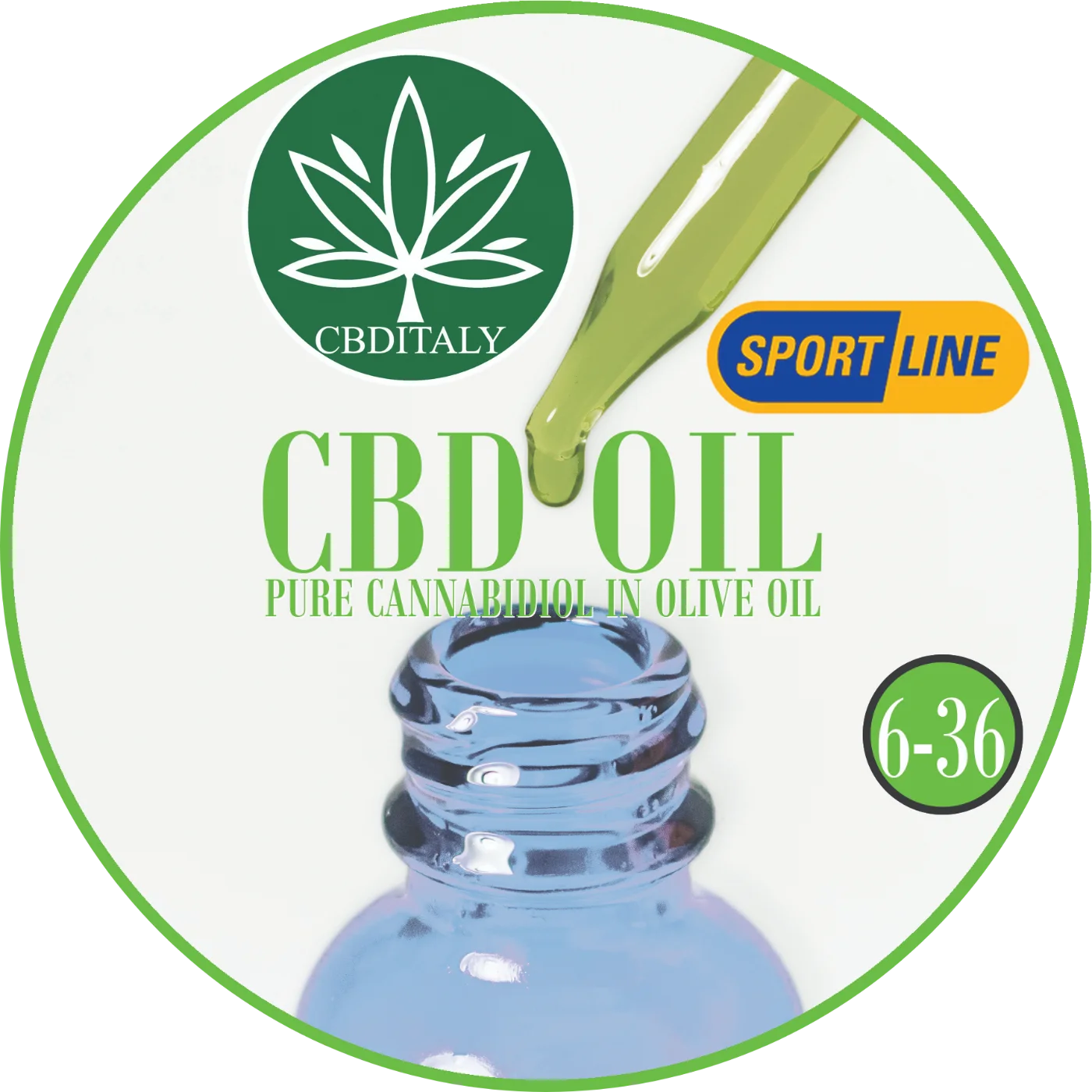 CBDITALY CBD Oil Sportline tīrs kannabidiols olīveļļā, zilais stikla flakons ar pipeti, koncentrācija 6-36